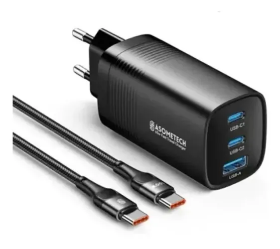 Carregador Turbo 65w 2 Usb-c 1 Usb-a Cabo 1m 100w Asometech