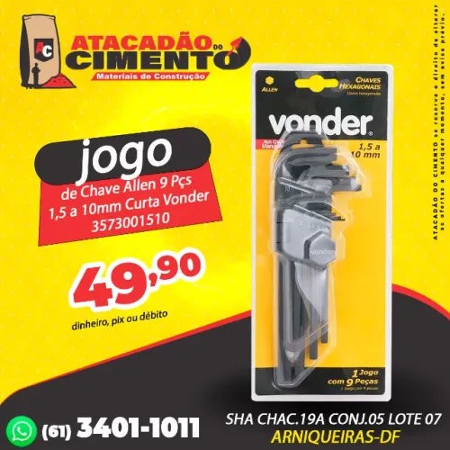 Jogo de Chave Allen 9Pçs 1,5 a 10mm Curta * Vonder