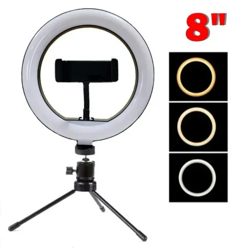  Ring Light 8 Pol + Tripé De Mesa + Suporte Cel Video
