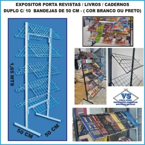 Expositor Revistas e Livros Duplo com 10 Bandejas de 50cm Branco ou Preto