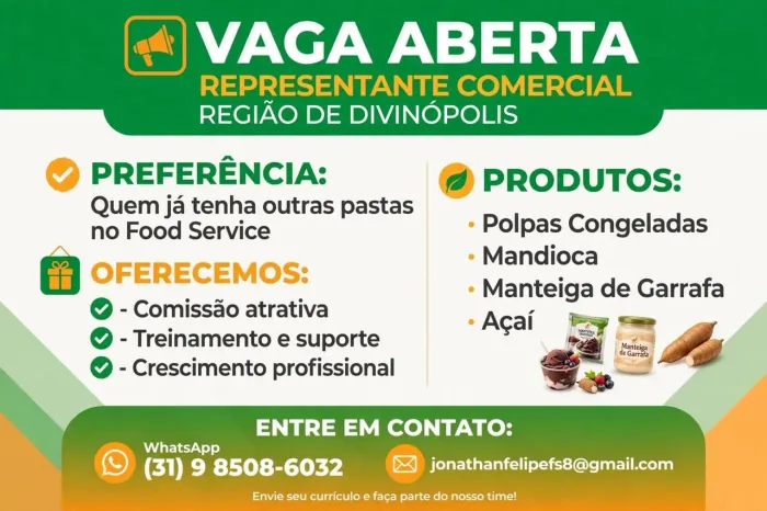 VAGA: REPRESENTANTE COMERCIAL - REGIÃO DE DIVINÓPOLIS*32315140