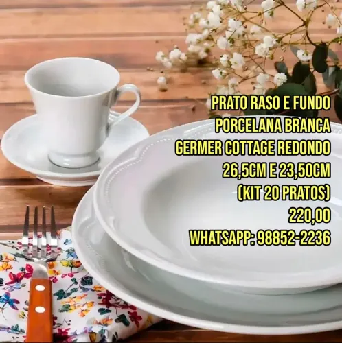 PRATOS RASOS E FUNDOS PORCELANA BRANCA GERME COTTAGE REDONDO 26CM E 23CM (KIT 20 PRATOS)