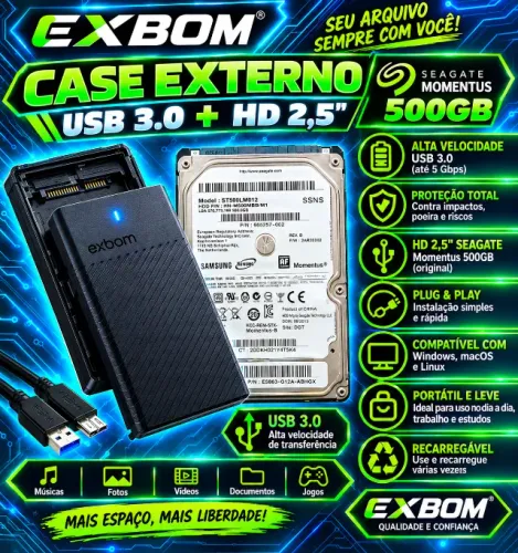 Case Externo EXBOM 3.0 + HD 2,5 SEAGATE MOMENTUS 500GB