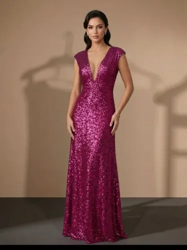 Vestido Amissima Longo Paetê Rosa