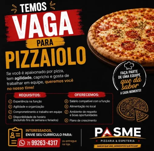 Vaga para pizzaiolo em Lauro de Freitas