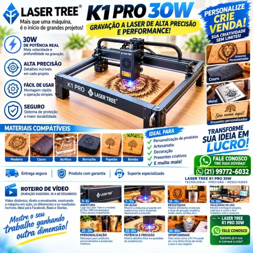 Gravadora Laser Tree K1 Pró 30 W de potência.