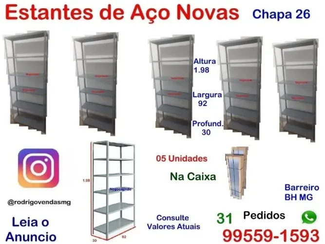 Estantes de Aço prateleiras 05 peças moveis loja Estoque Industria auto escritório casa
