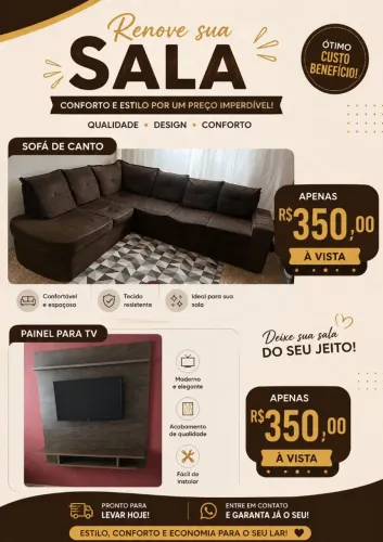 Sofá de canto e painel para tv
