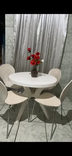Mesa de Plástico Branca com cadeiras de Madeira 