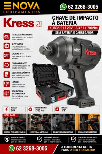 Chave de Impacto à Bateria KRESS KUB35.91 20V 3/4 1.700Nm com Maleta sem Bat. e Carregador