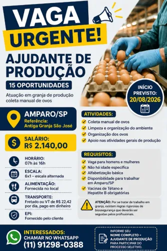 VAGA URGENTE - AJUDANTE DE PRODUÇÃO AMPARO/SP 6X1