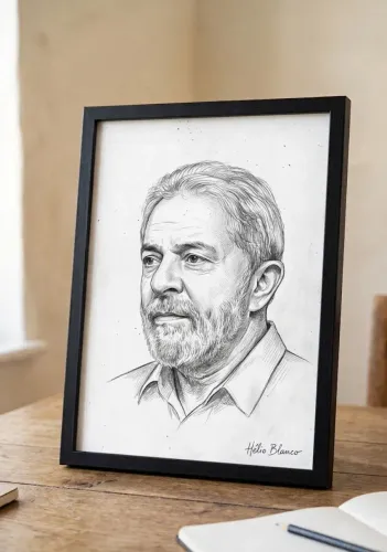Quadro decorativo do presidente Lula,feito à mão à mão/ desenho à grafite. Emoldurado