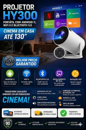 PROJETOR PORTÁTIL COM ANDROID 11, WiFi 6 E BLUETOOTH 5.0