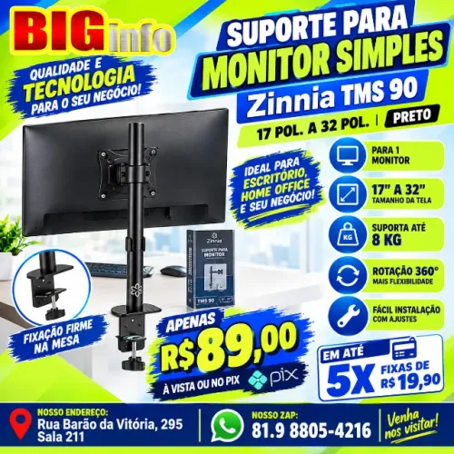 Suporte Para Monitor Zinnia TMS 90, 17 Pol. a 32 Pol., Preto, - Em ate 10x Fixas