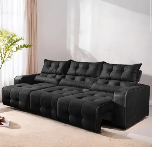Sofá Retrátil Preto Sala Comfort 2,50 m