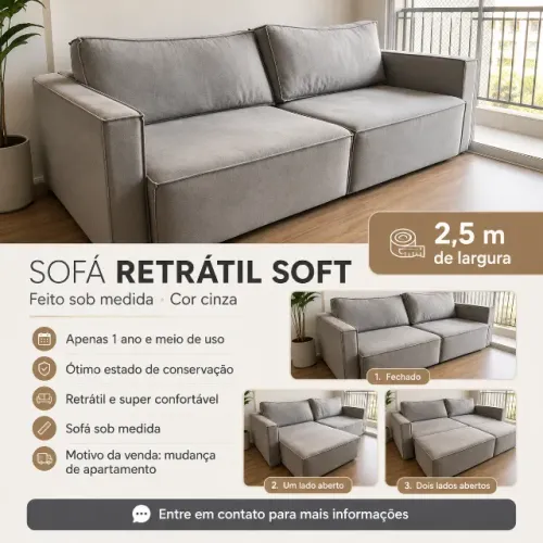 Sofá Retrátil SOFT 2,5m Cinza - Apenas 1 Ano e Meio de Uso, Excelente Estado