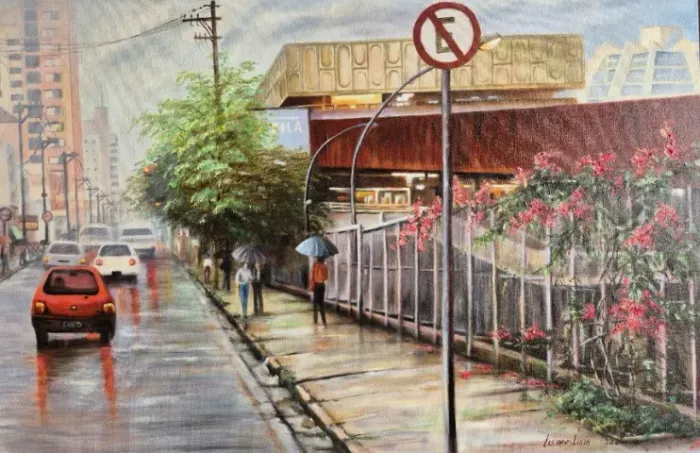 Pintura a óleo Rodoviária de Rio Preto, medindo 40x60cm