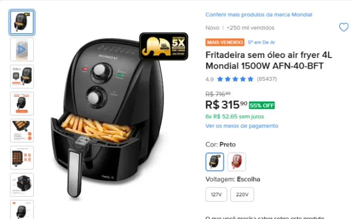 Fritadeira sem óleo air fryer 4L Mondial 1500W AFN-40-BFT