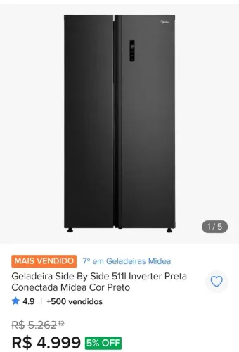 Geladeira Side By Side 511l Inverter Preta Conectada Midea Cor Preto