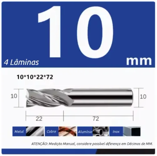 Fresa Topo Reto, Metal Duro, 4 cortes - 10x10x22x72mm