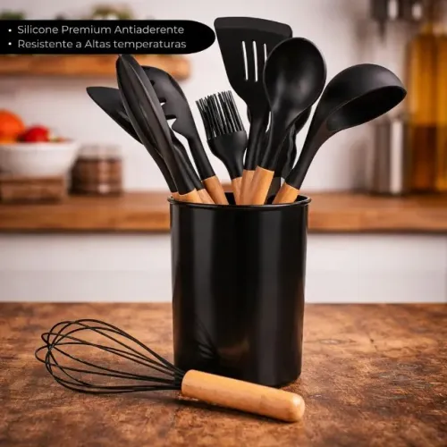KIT 12 UTENSÍLIOS DE COZINHA EM SILICONE PRETO CABO MADEIRA