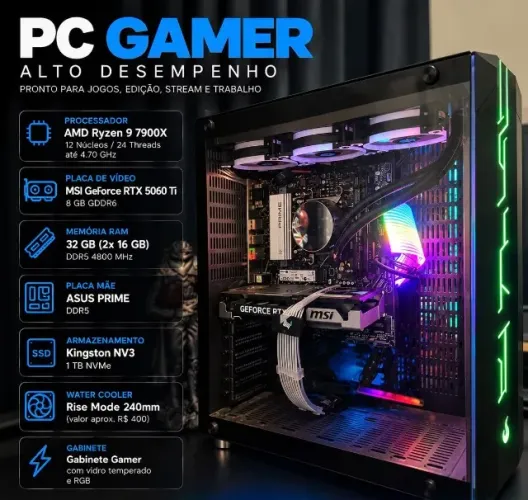 PC GAMER processador ryzen 9 7900x placa de vídeo rtx 5060ti 8gb oc plus 32 gb de memoria