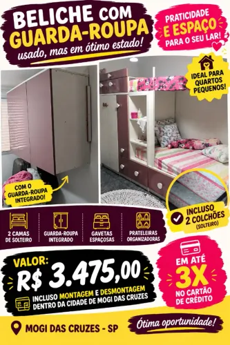 Beliche com Guarda-Roupa Integrado + 2 Colchões