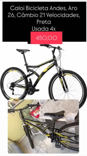 Caloi Bicicleta Andes, Aro 26, Câmbio 21 Velocidades, Preta Usada 4x