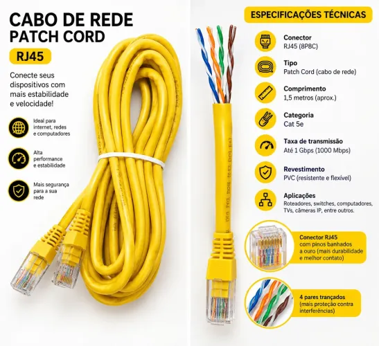 Cabo de Rede com Conector RJ45 (kit 4 unidades) 1,5m amarelo