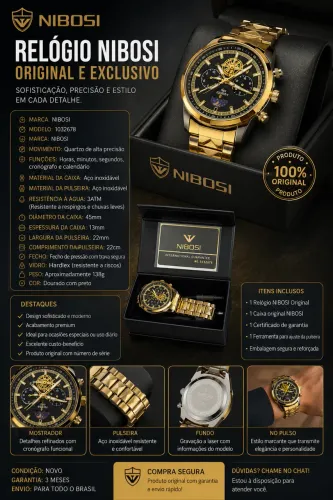 Relógio NIBOSI Original Masculino Dourado | Novo na Caixa | Acompanha Garantia 