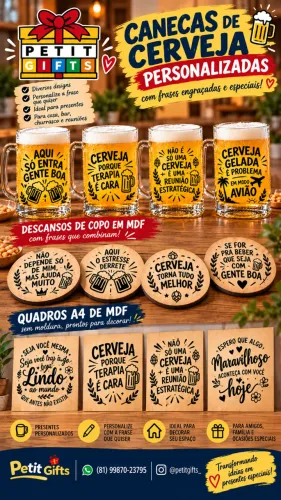 Canecas de chopp, quadrinhos e porta copos tema cerveja