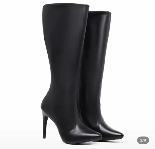 Bota feminina cano alto sintético salto agulha alto bico fino moderna e confortável 