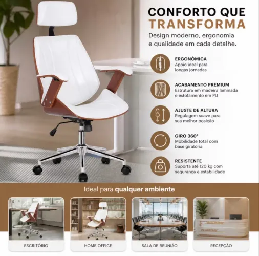 Cadeira De Escritório/Clínica Presidente Cor Branca Ergonômica Executiva Giratória
