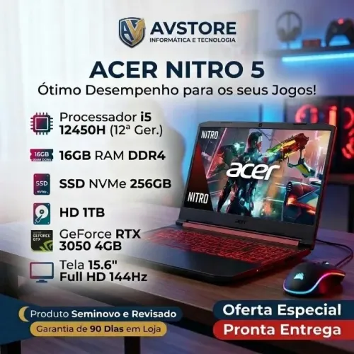 Notebook Gamer Acer Nitro 5 - i5 12450H | 16GB DDR4 | SSD 256GB + HD 1TB | RTX 3050 4GB