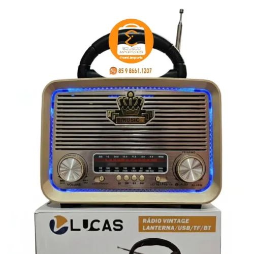 Rádio Vintage com Lanterna, USB, Cartão de Memória, Bluetooth e Antena FM/AM, Caixa de Som