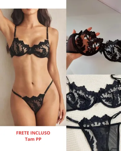 Conjunto de lingerie preta Bordado Malha transparente Com fio preto Charlaine ajustável Pp