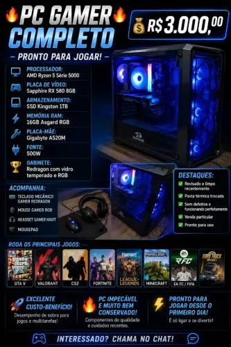 PC Gamer completo/Ryzen 5500 Rx 580 8gb(não minerada)