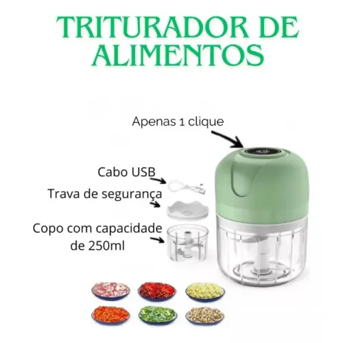 Mini Processador Elétrico de Alimentos Portátil com 3 lâminas de aço inox USB 250 ml Bivol