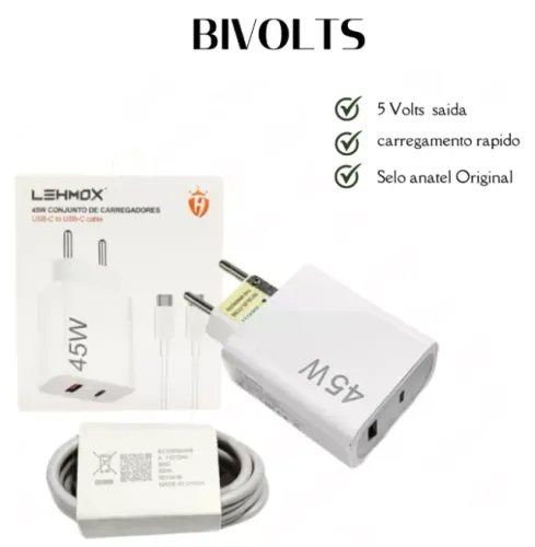 Fonte Carregador Adaptador Usb-c 45w Turbo Com Cabo 110/220v
