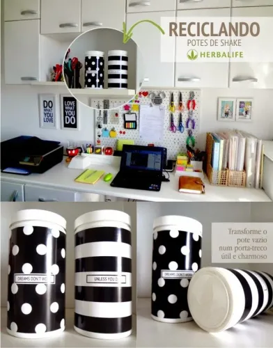 Potes Vazios de Shake Herbalife Reciclados para Decoração