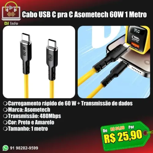 Cabo USB C pra C Asometech 60W 1 Metro