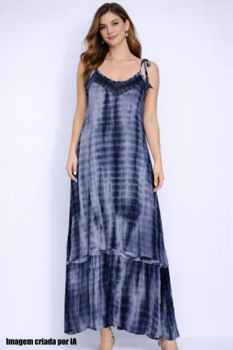 Vestido feminino longo azul tie-dye shoulder - Veste P - Ref. 5192