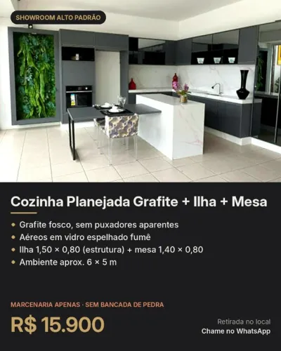 Cozinha Planejada Grafite c/ Ilha e Mesa - Showroom Alto Padrão