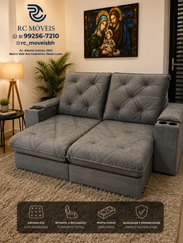 Sofá Retrátil Reclinável Cuiabá Porta Copos Suede Marrom Escuro Premium