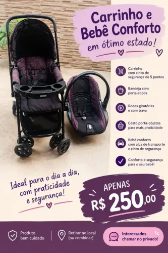 Carrinho de bebê com bebê conforto da Cosco