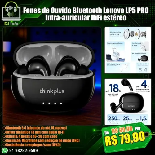Fones de Ouvido Bluetooth Lenovo LP5 PRO intra-auricular HiFi estéreo