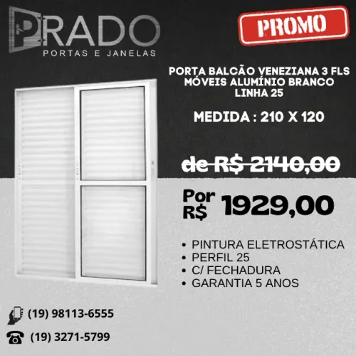 Porta balcão veneziana 3 folhas móveis alumínio linha 25 ( branco e preto)