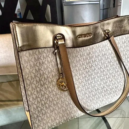 Bolsa Michael Kors Tote Original Monograma Bege e Dourada