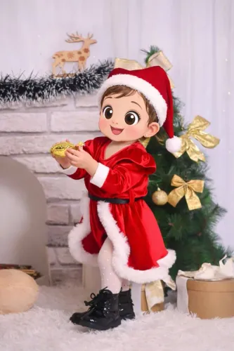 Roupa infantil de natal menina vermelha com gorro 