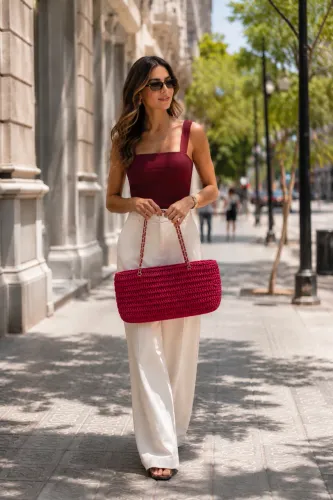 Bolsa de crochê de luxo vermelha com alça de ombro/mão